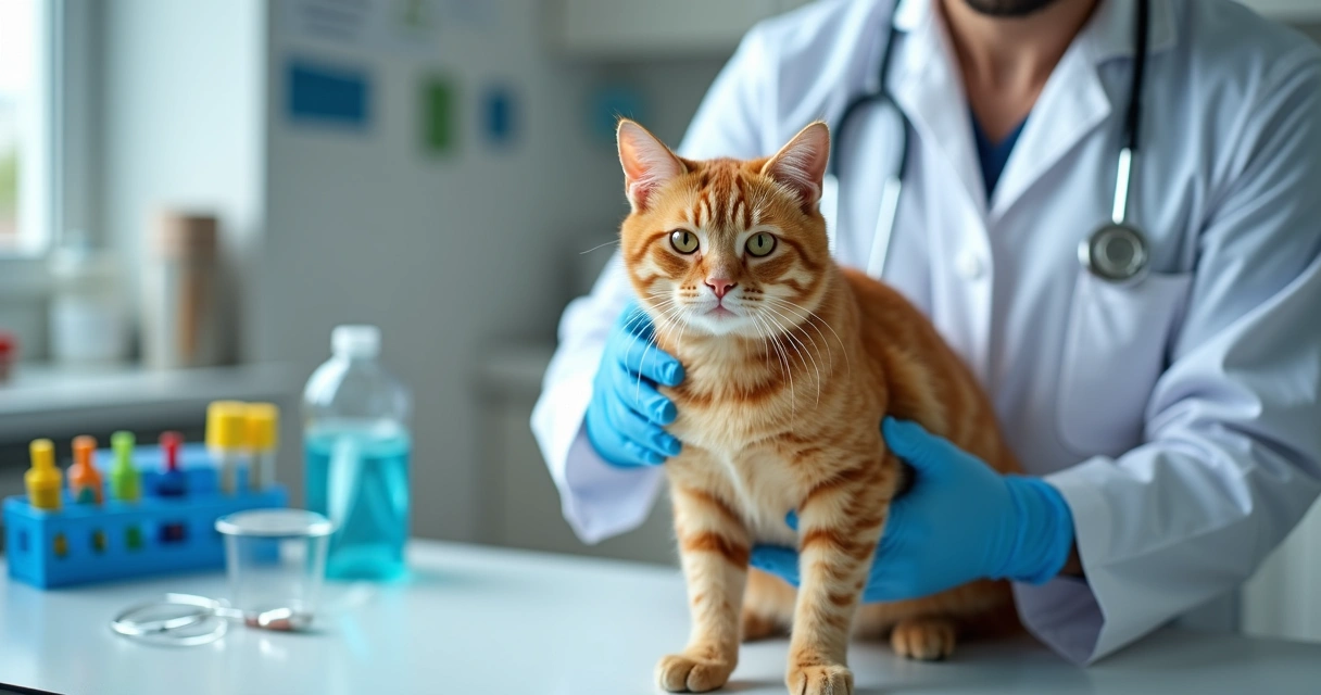 Veterinário e tutor manuseando gato em laboratório clínico 
