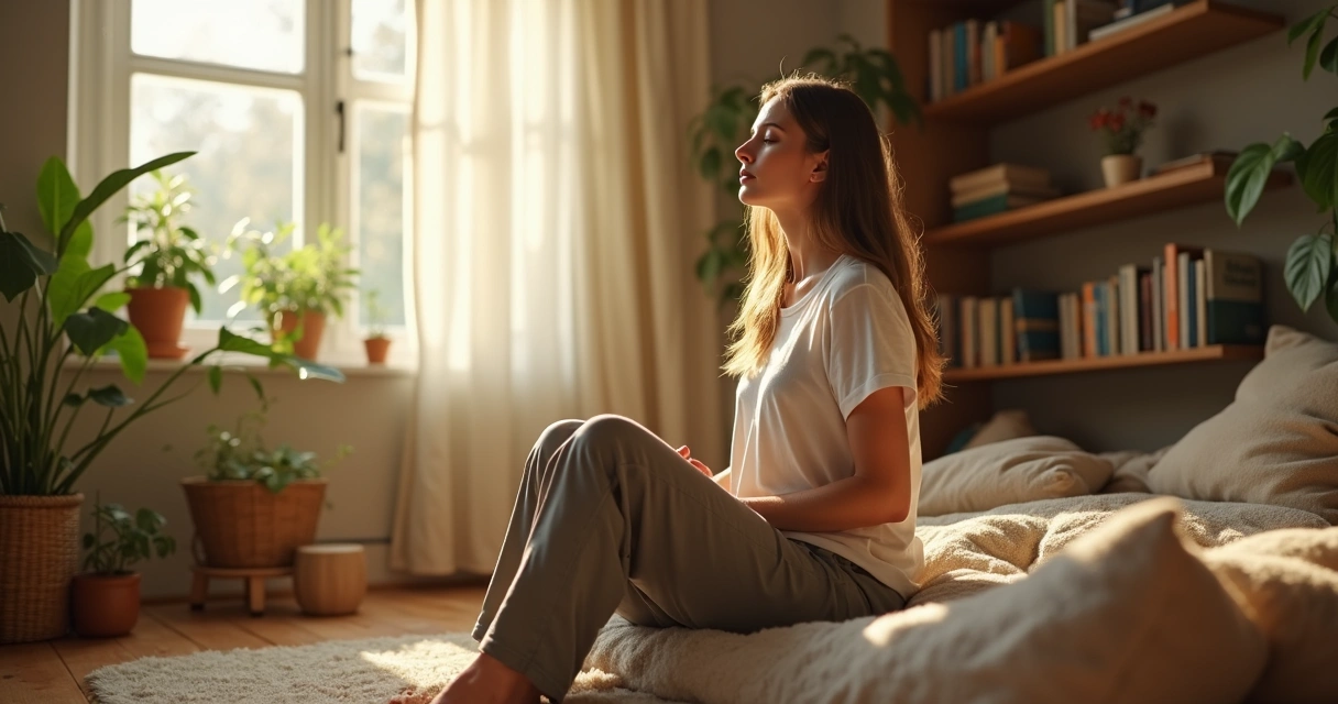 Pessoa praticando atenção plena em um ambiente aconchegante 