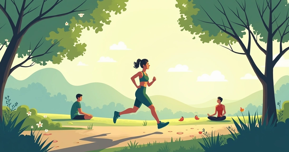Ilustração de uma pessoa correndo em um parque ensolarado, praticando mindfulness com foco na respiração e conexão com a natureza.