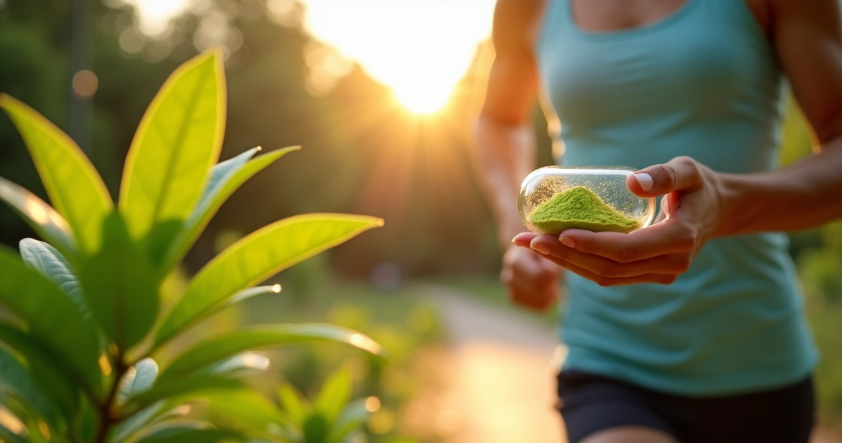 Pessoa praticando atividade física segurando cápsula de moringa perto de planta moringa 