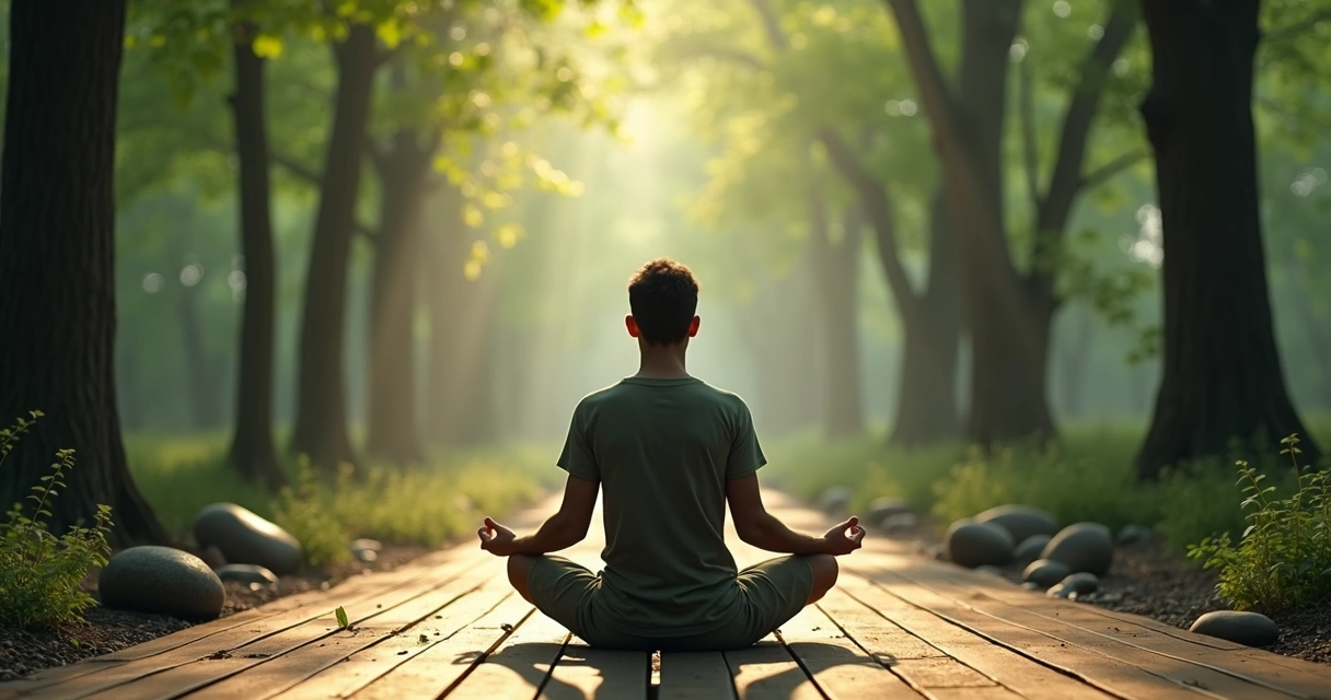 Pessoa meditando sentada em posição de lótus, cercada de árvores 