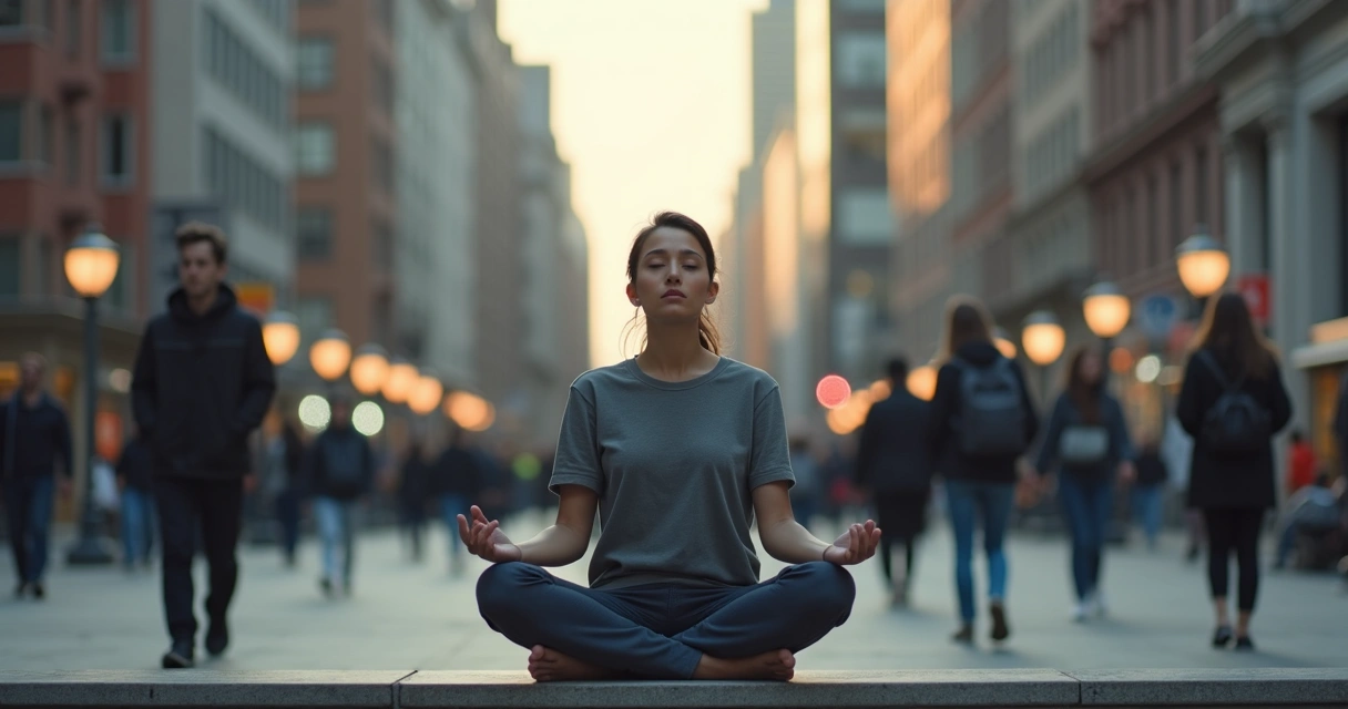 Pessoa praticando meditação sentada em ambiente urbano 