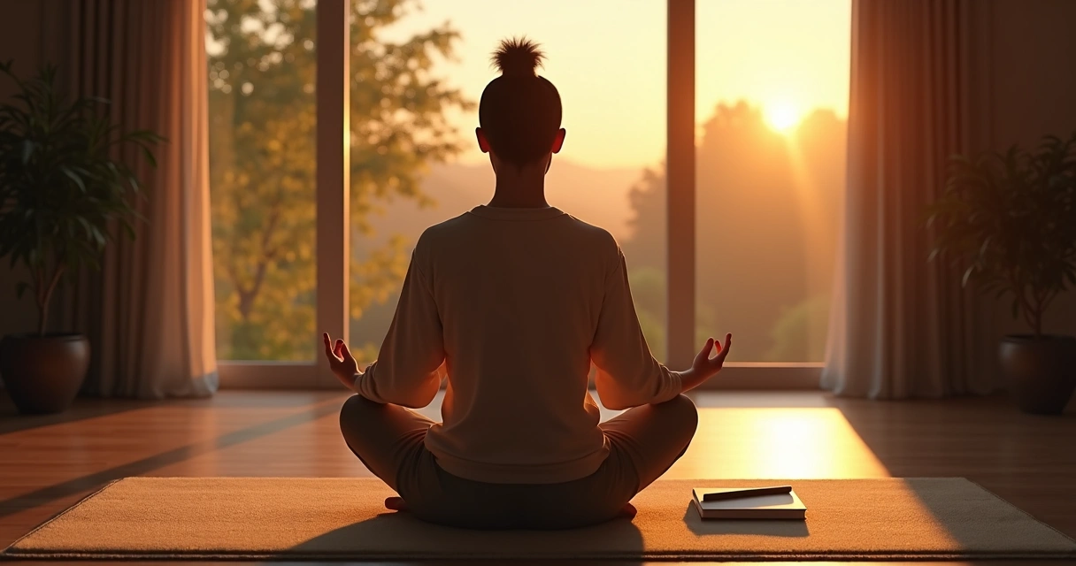 Pessoa sentada em posição de meditação em ambiente tranquilo, com expressão de leve frustração no rosto, ao entardecer 