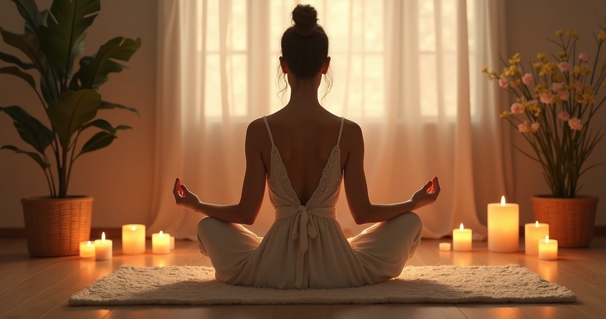 Praticante de Reiki sentado em meditação, mãos voltadas para cima, ambiente acolhedor 