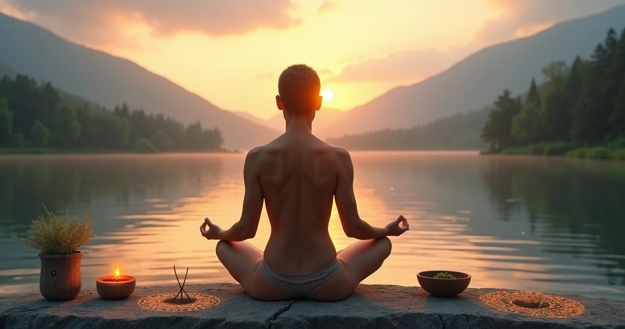 Pessoa meditando ao nascer do sol em meio à natureza com símbolos ancestrais ao redor 
