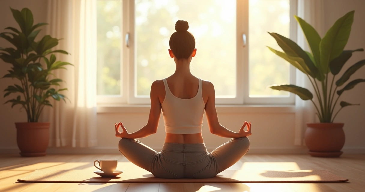 Pessoa sentada meditando em um ambiente calmo, com luz suave atrás