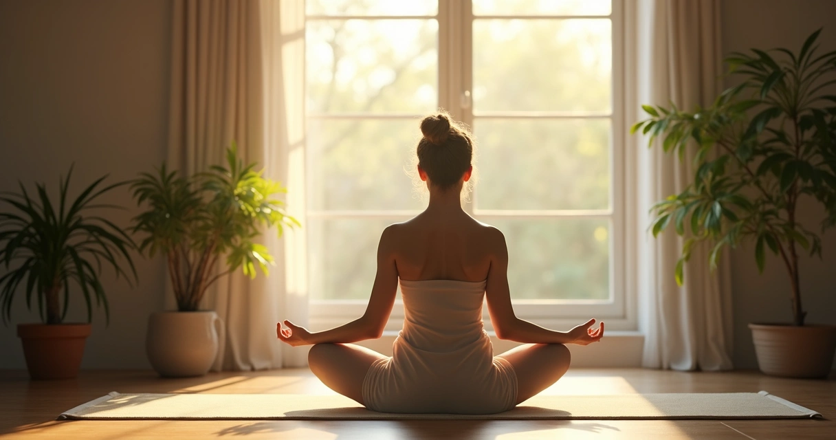 Pessoa sentada em posição de meditação em ambiente tranquilo 