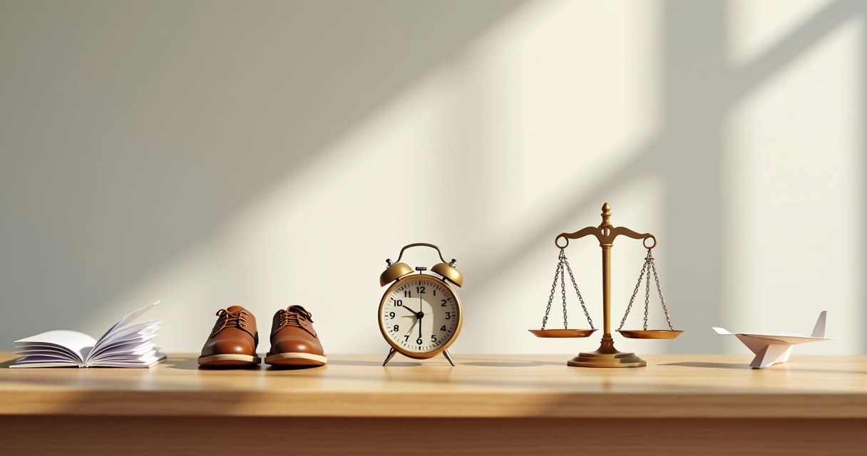 Seis símbolos ou ilustrações representando práticas de autonomia dispostos em círculo na mesa de um escritório iluminado 