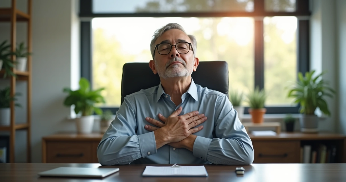 Pessoa em pausa de autopercepção no ambiente de trabalho