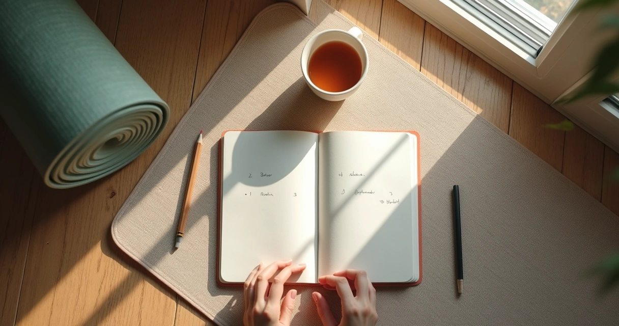 Caderno, tapete de yoga e xícara em ambiente de prática consciente 
