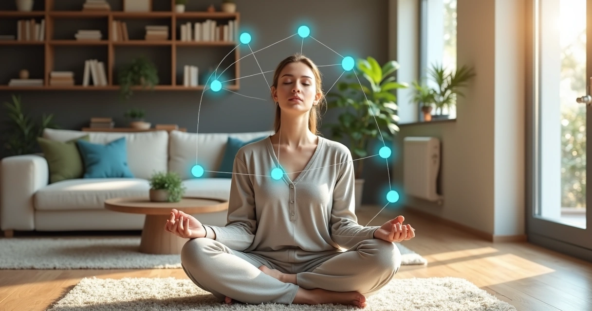 Pessoa meditando em sala de estar com esquema de conexões ao redor representando consciência do sistema 