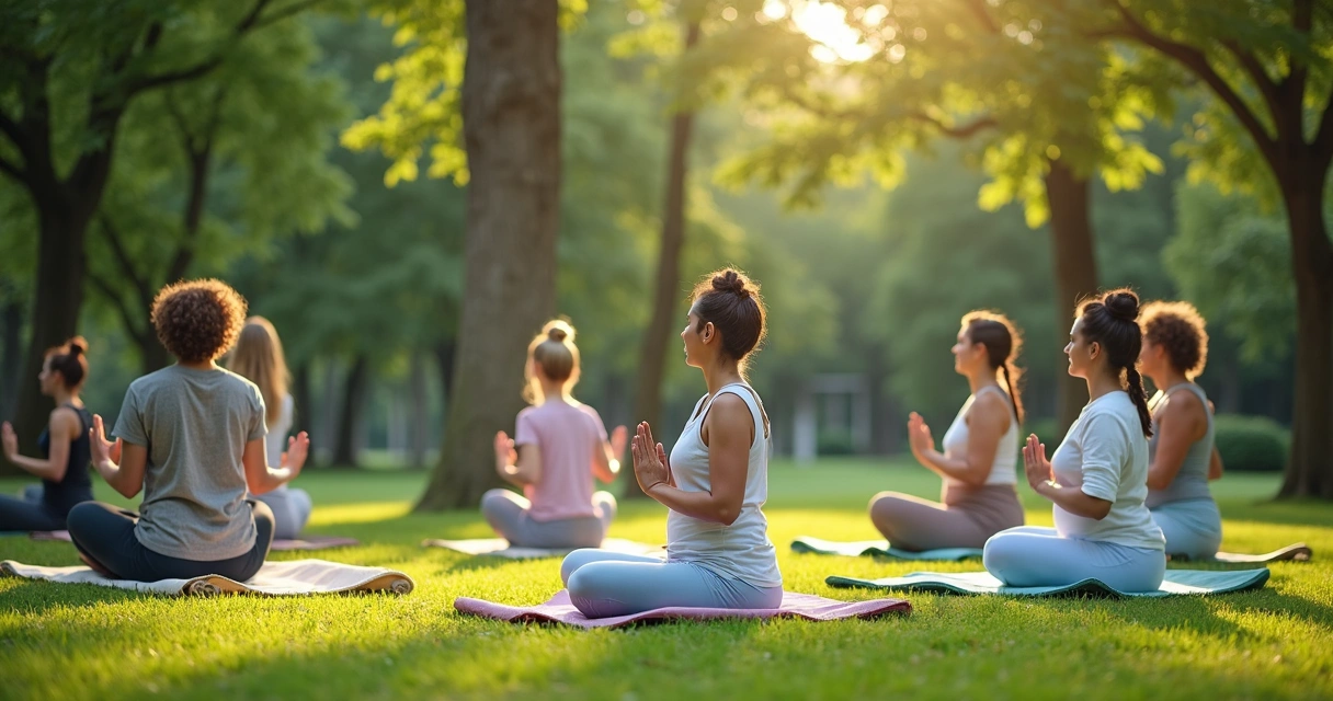 Pessoas praticando yoga ao ar livre em parque arborizado 