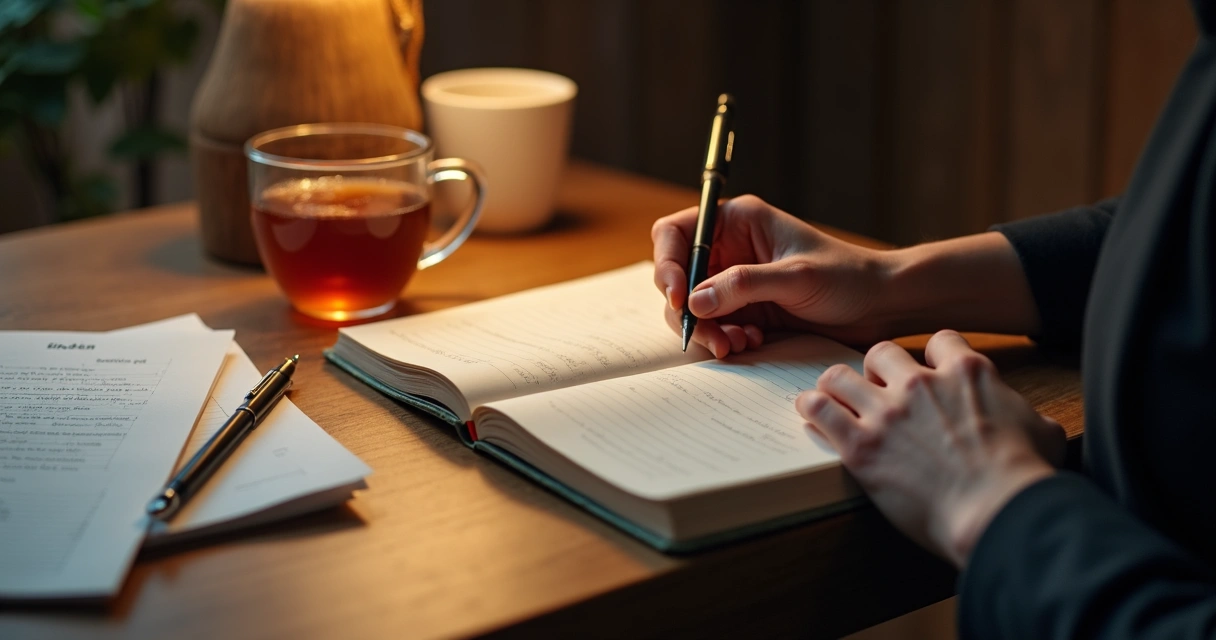 Pessoa escrevendo em diário, mesa com caneta, folhas e luz suave