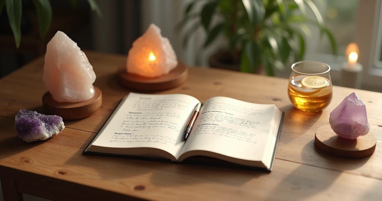 Itens para práticas diárias de Reiki e autocuidado sobre mesa, incluindo cristais e diário