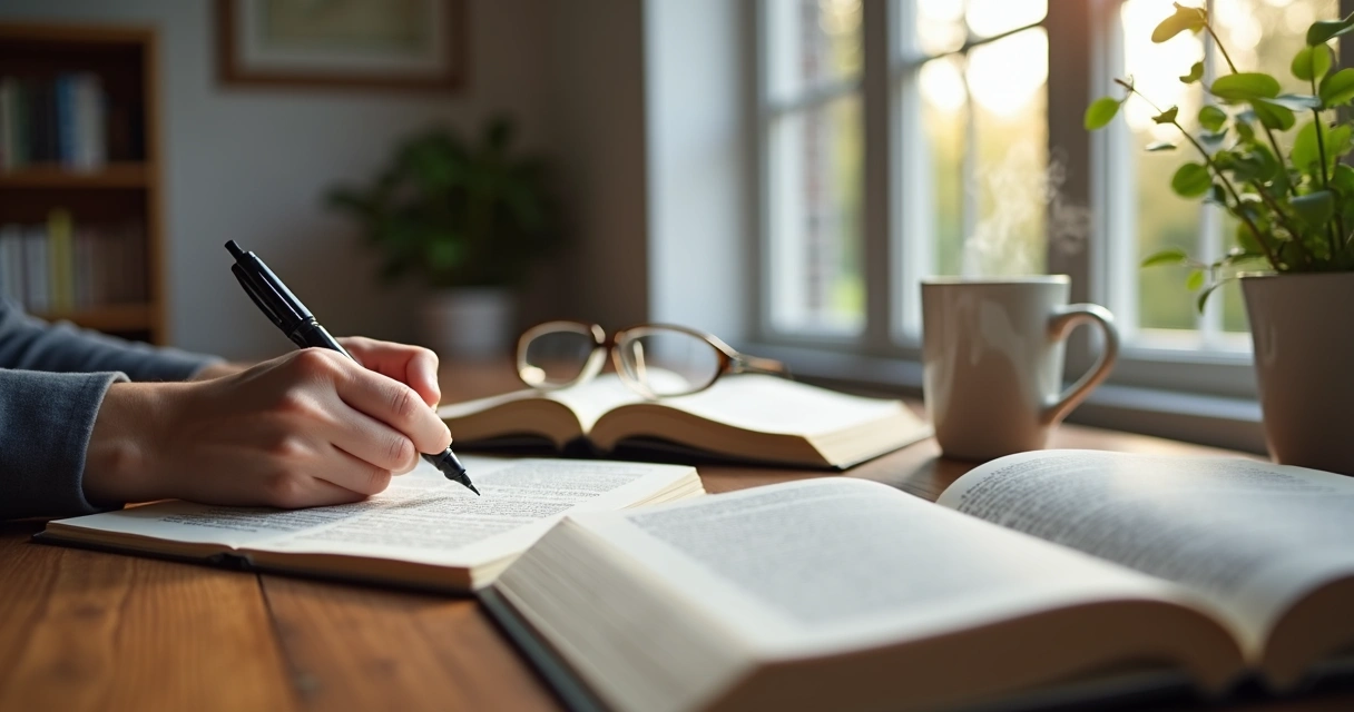 Pessoa escrevendo em caderno em ambiente tranquilo de estudo e reflexão 
