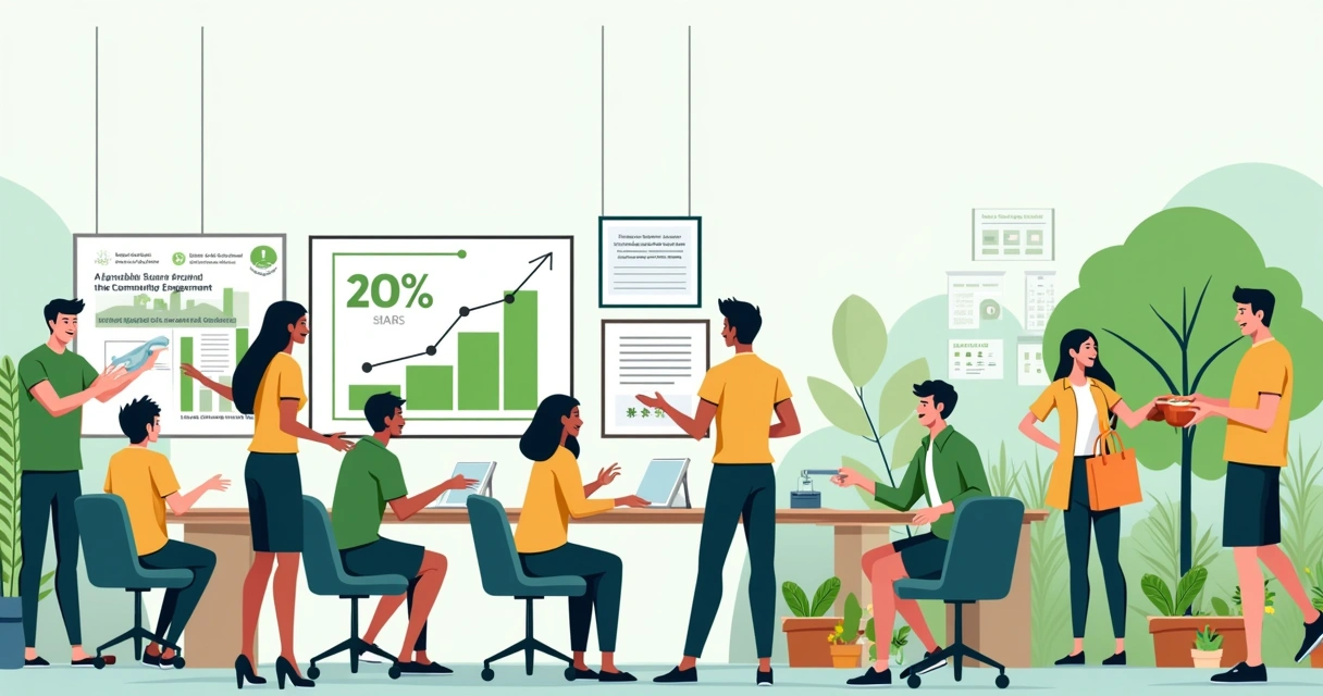 Funcionários de uma empresa em ambiente de escritório vibrante, engajados em práticas de ESG.
