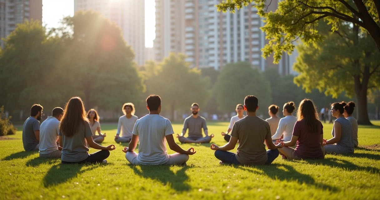 Pessoas meditando em local público, em harmonia e silêncio 