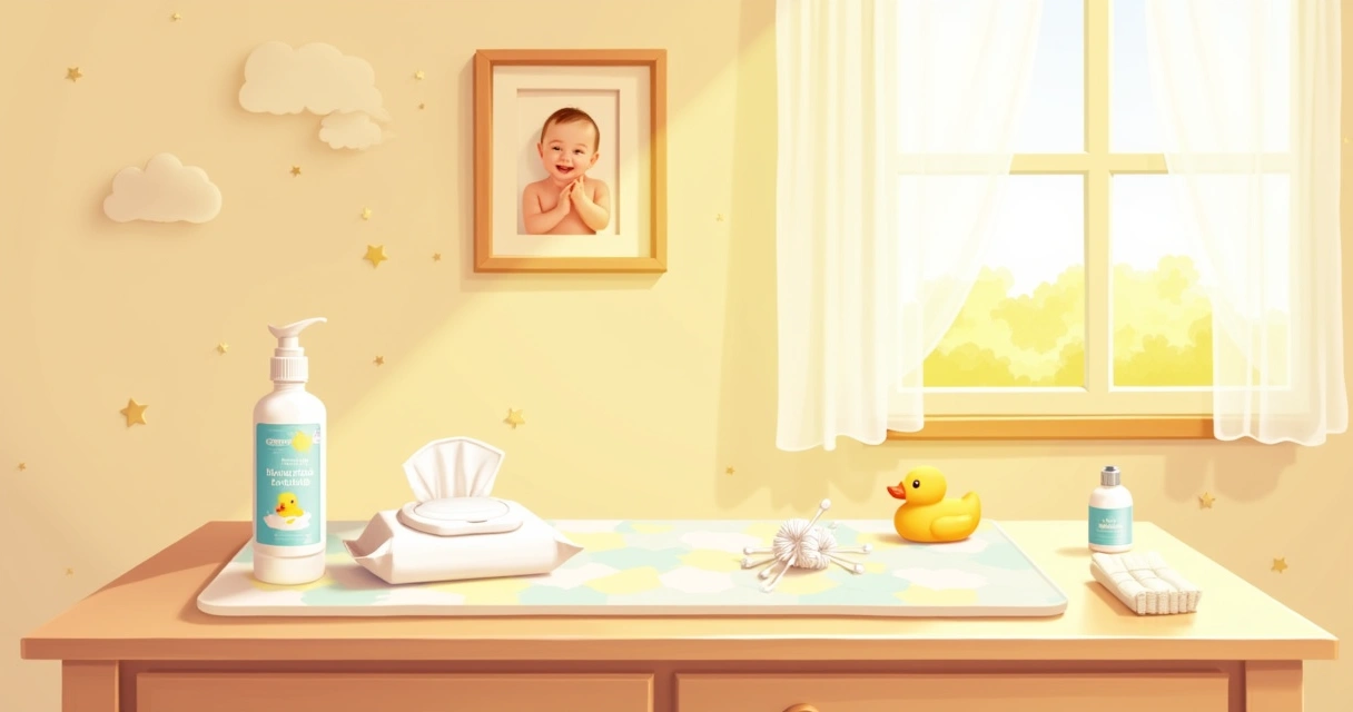 Cenário de um berçário com foco em práticas de higiene do bebê, incluindo toalhas umedecidas e álcool.