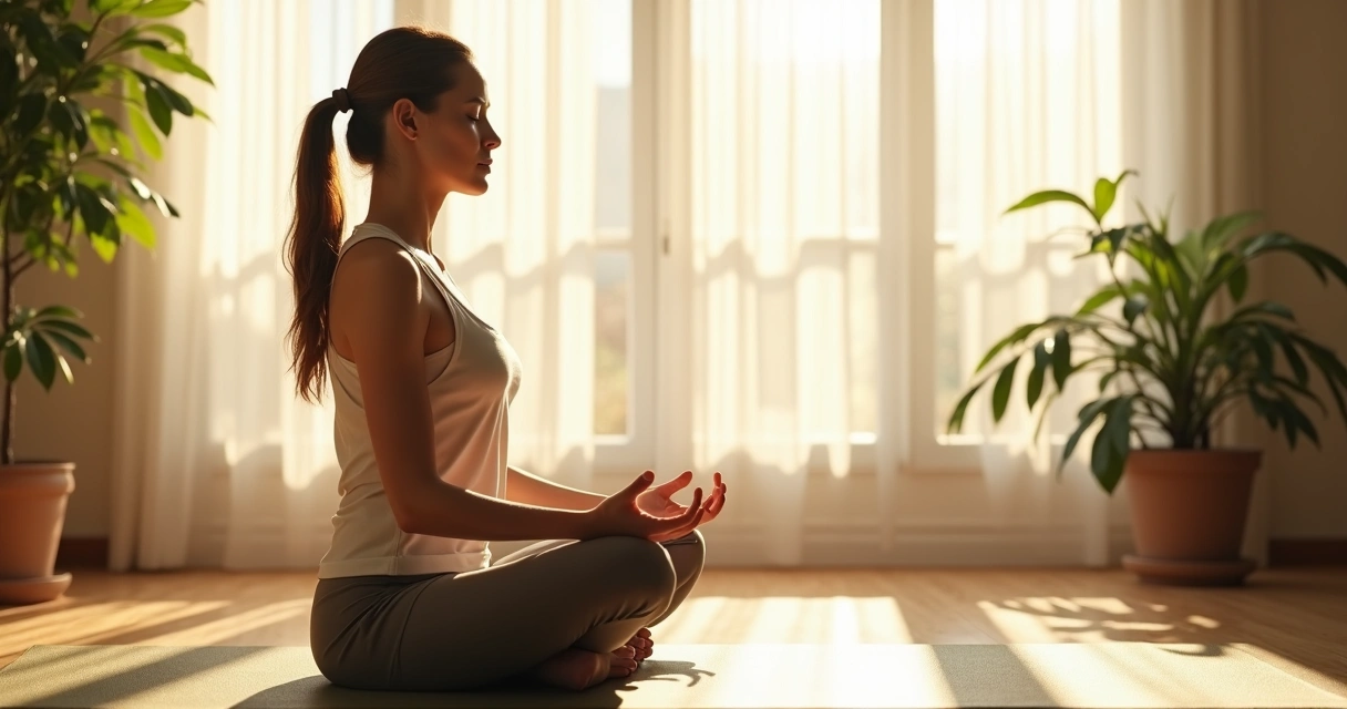 Pessoa sentada praticando meditação à luz natural numa sala tranquila 