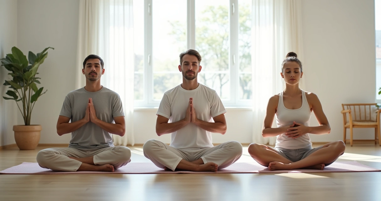 Três pessoas em posições diferentes de meditação