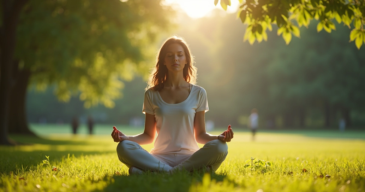 Pessoa sentada em um parque, meditando de olhos fechados, com árvores ao fundo e luz suave 