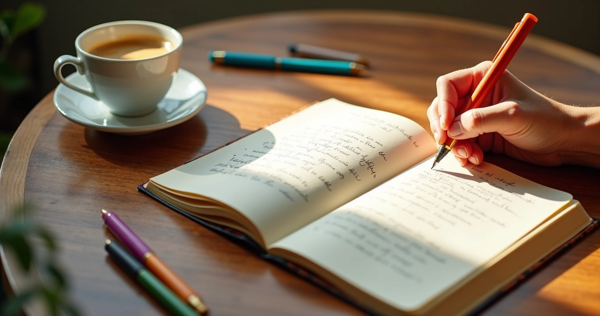 Anotações de diário de gratidão com caneta e xícara de café ao lado