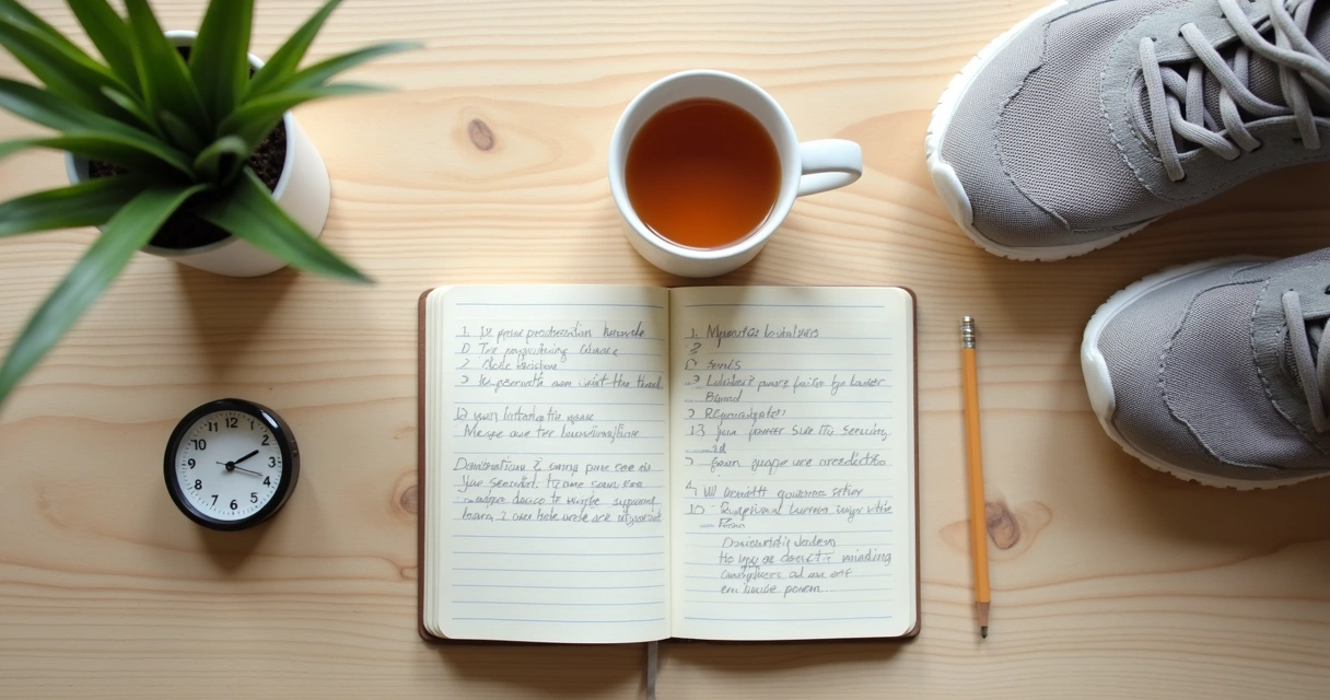 Mesa com caderno, chá e rotina de práticas conscientes 