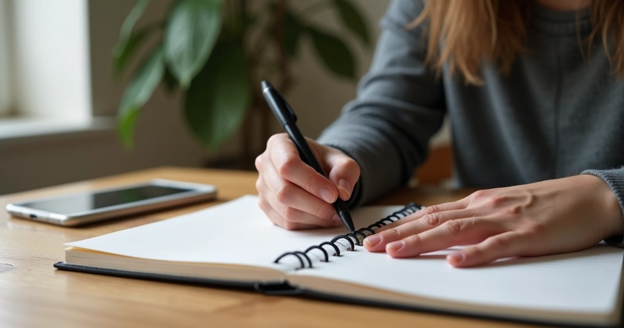 Pessoa registrando pensamentos em diário de papel com caneta em uma mesa limpa 