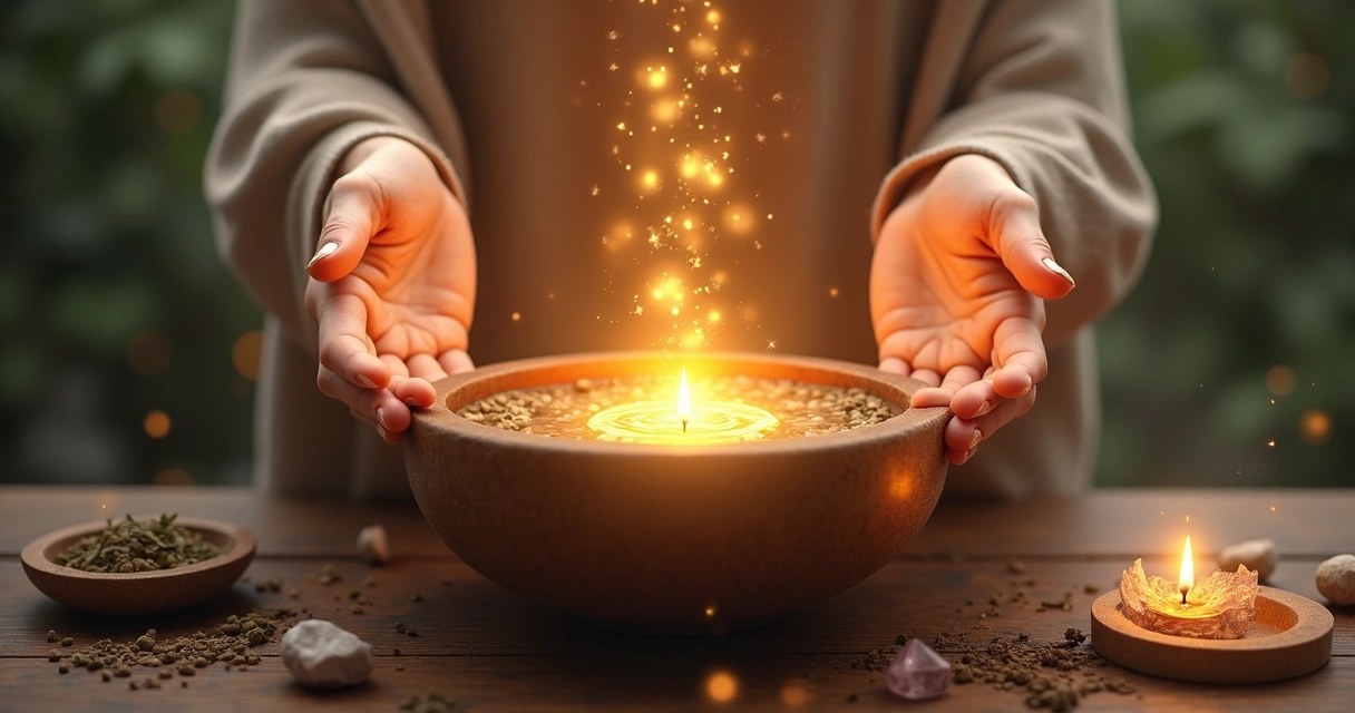 Mãos femininas em ritual energético com luz dourada no fundo 