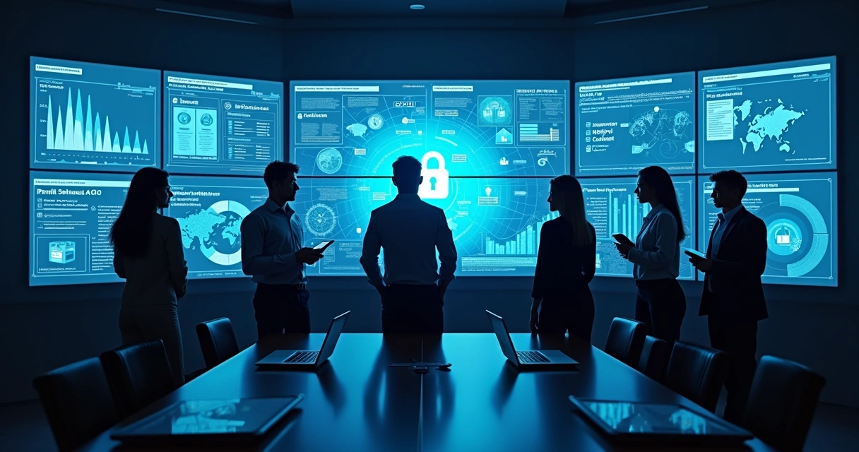 Time de TI avaliando práticas de segurança digital em painéis de dados 