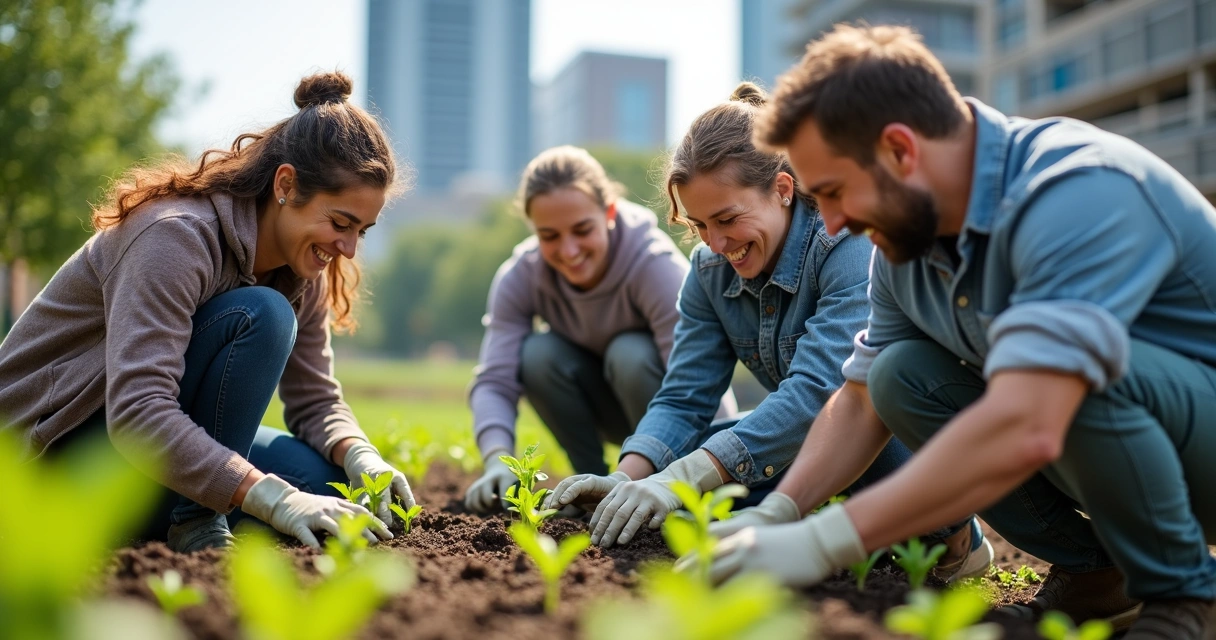 Equipe plantando mudas em jardim comunitário urbano