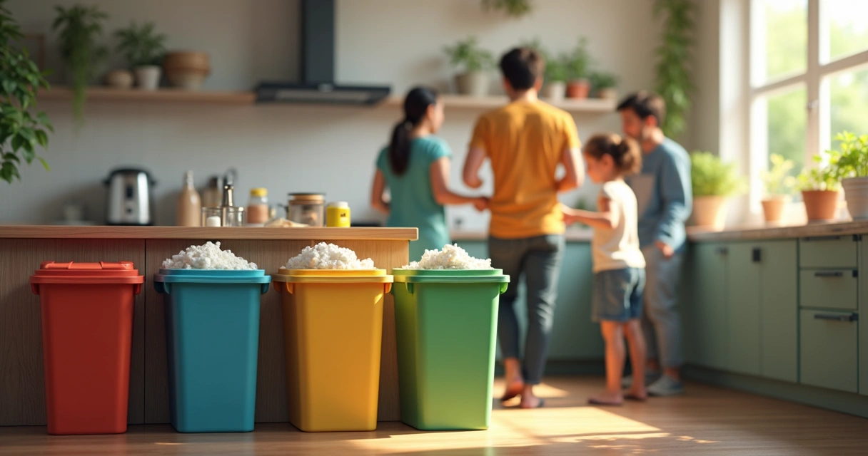 Família separando lixo reciclável em casa 