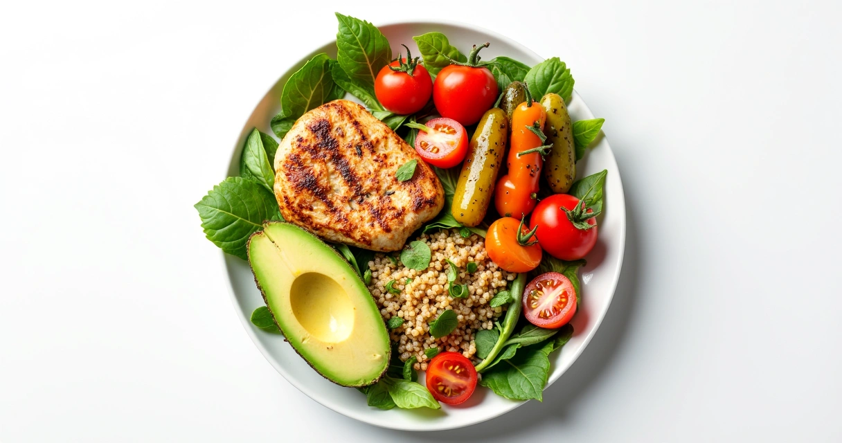 Prato colorido com comidas naturais e frescas em fundo branco 