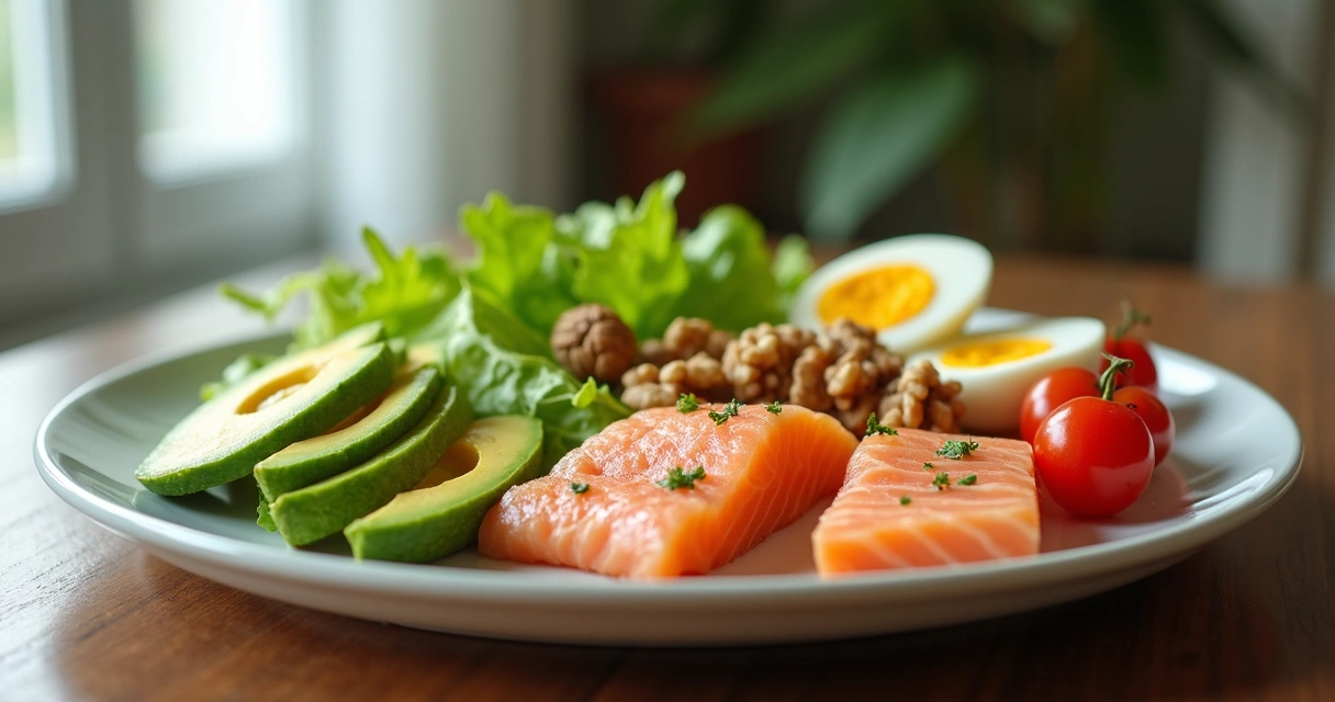 Prato com alimentos antienxaqueca, como vegetais frescos, peixes e oleaginosas