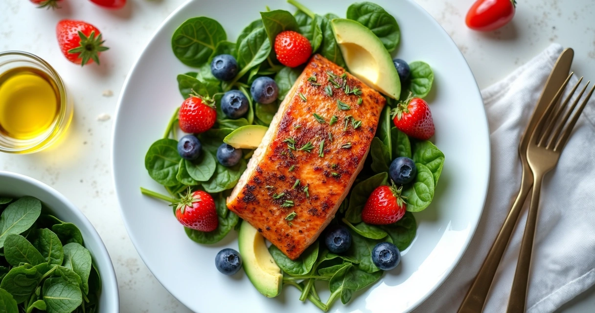 Prato com salmão, folhas verdes, frutas vermelhas e azeite