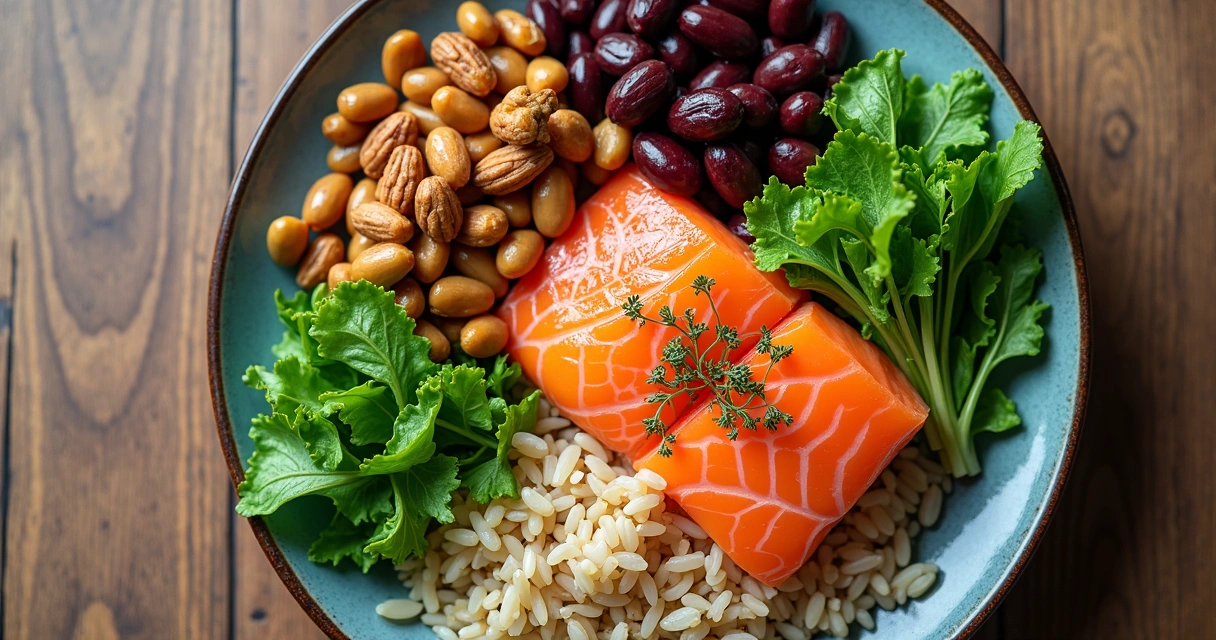 Prato colorido com diferentes alimentos naturais e saudáveis 
