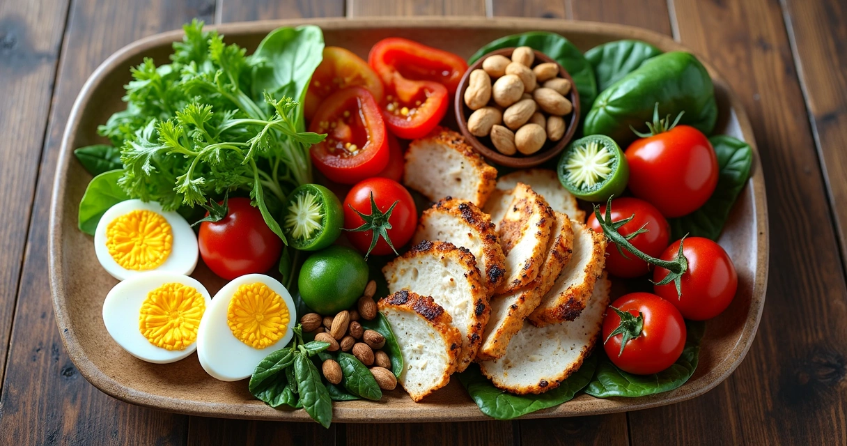 Prato com alimentos naturais e coloridos, como ovos, verduras, legumes e carnes 