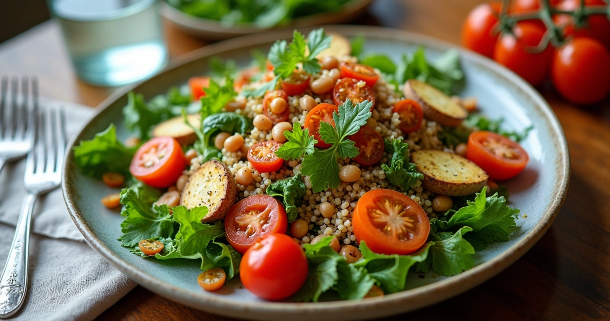 Prato colorido com alimentos naturais e vegetais variados. 
