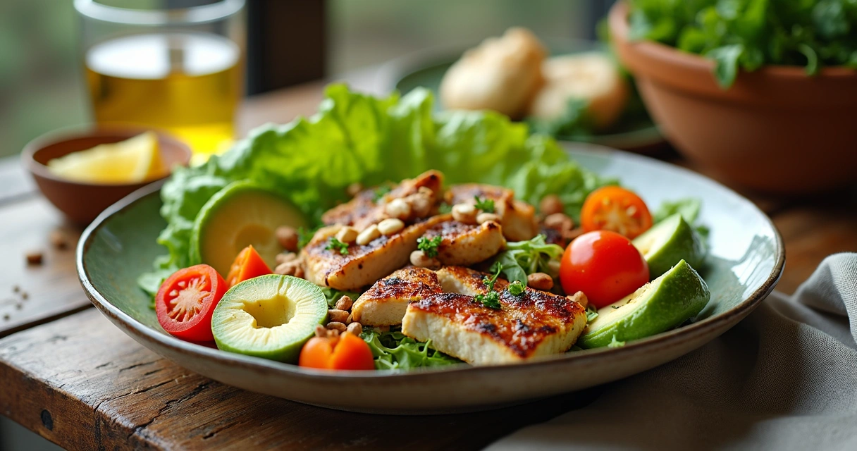 Prato com vegetais, proteínas e gorduras saudáveis 