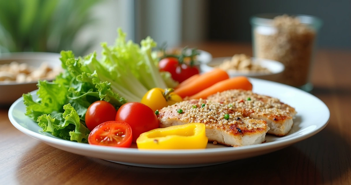 Prato com alimentos saudáveis e coloridos 