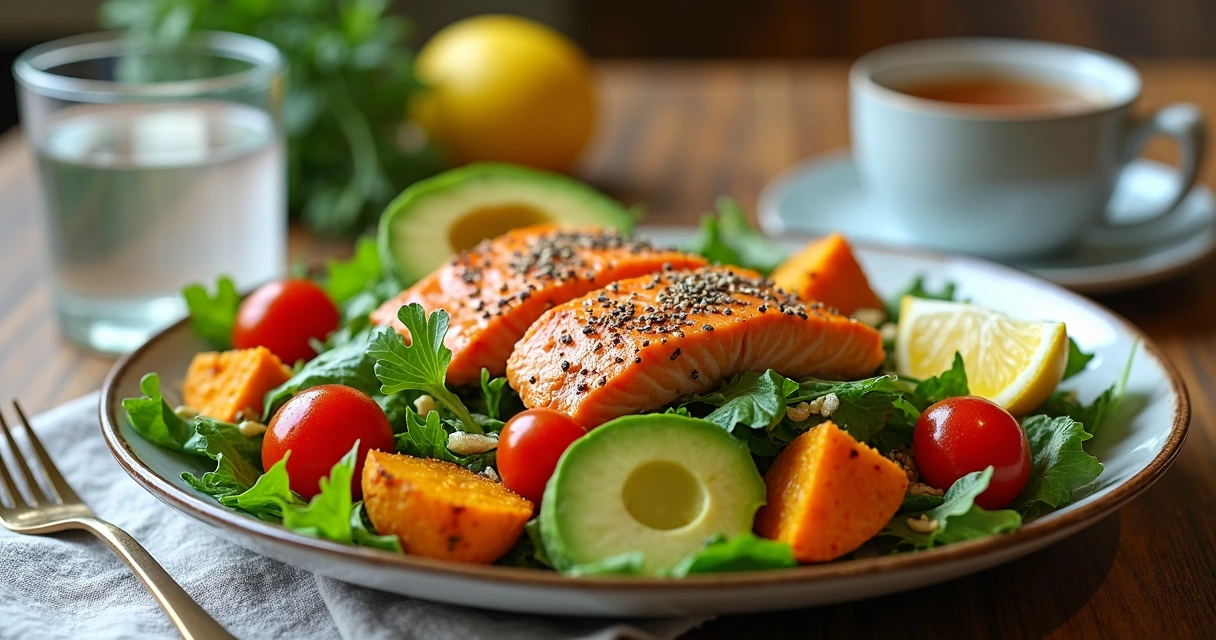 Prato colorido de salada com vegetais e proteína 