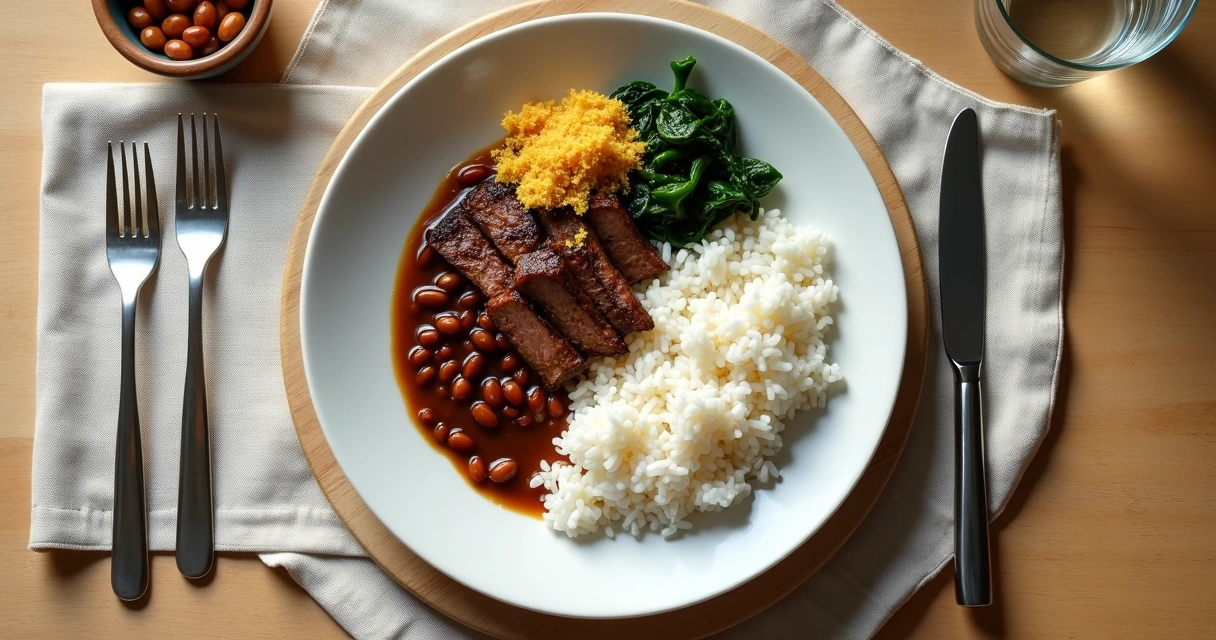 Prato brasileiro com arroz, feijão, salada e carne vistos de cima 