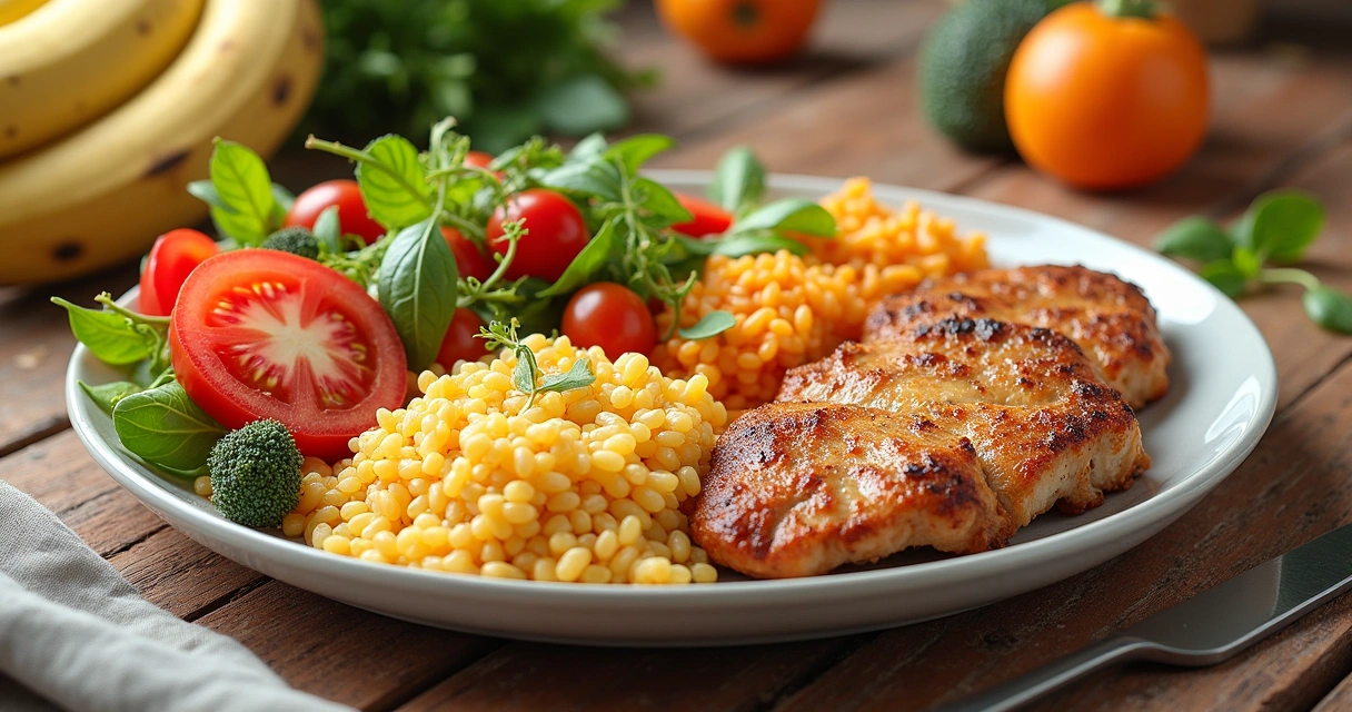 Um prato balanceado com salada colorida, arroz integral e filé de frango sobre mesa de madeira.