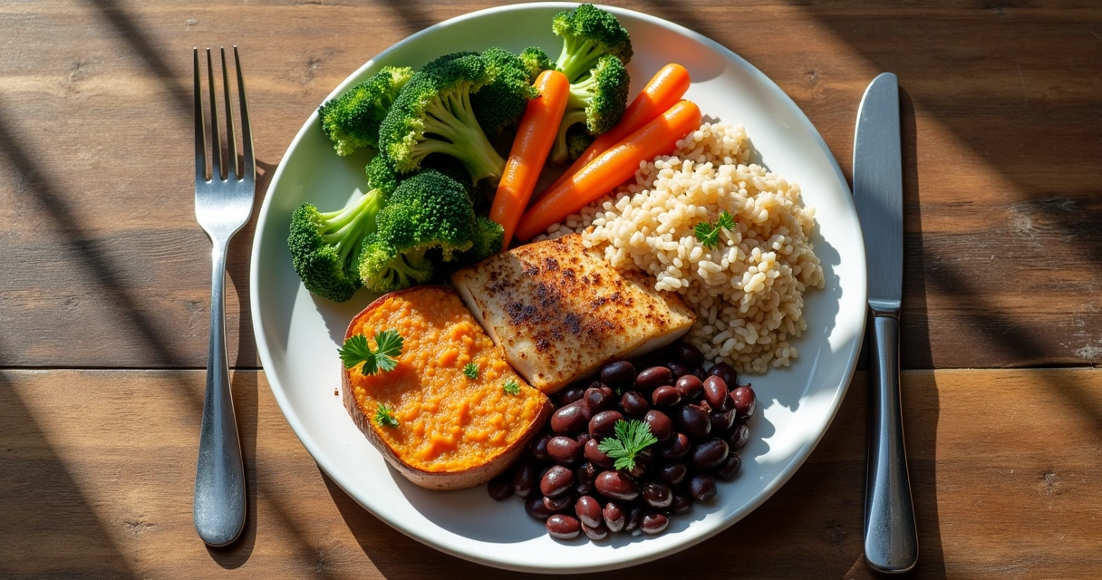 Prato balanceado com vegetais, proteínas e carboidratos dispostos em uma mesa de madeira rústica.