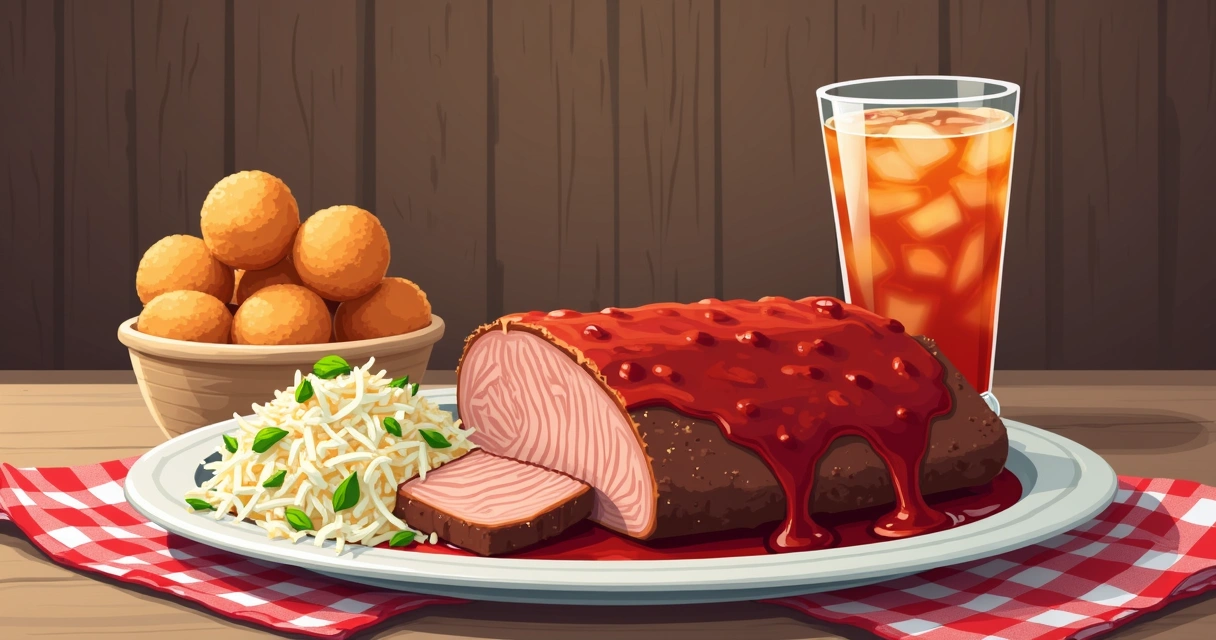 Barbecue de porco desfiado, hush puppies e salada coleslaw 