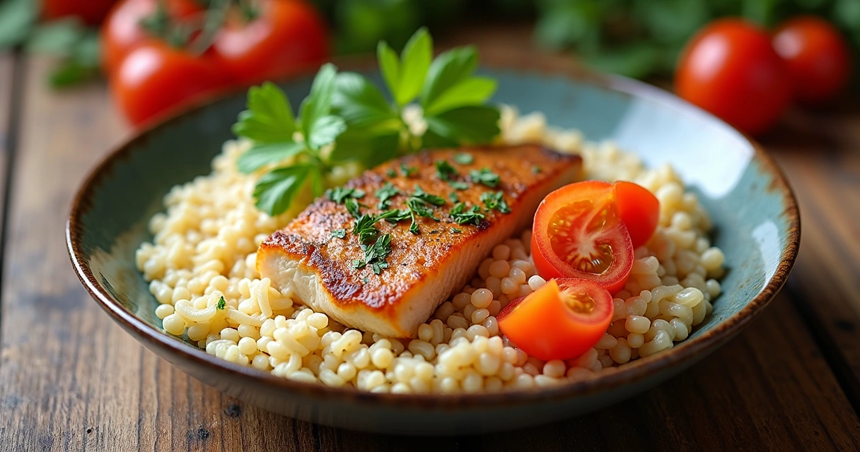 Prato colorido com arroz integral, feijão, peixe grelhado e muitas verduras