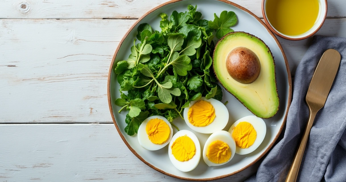 Prato composto por abacate, ovos, salada verde e azeite 