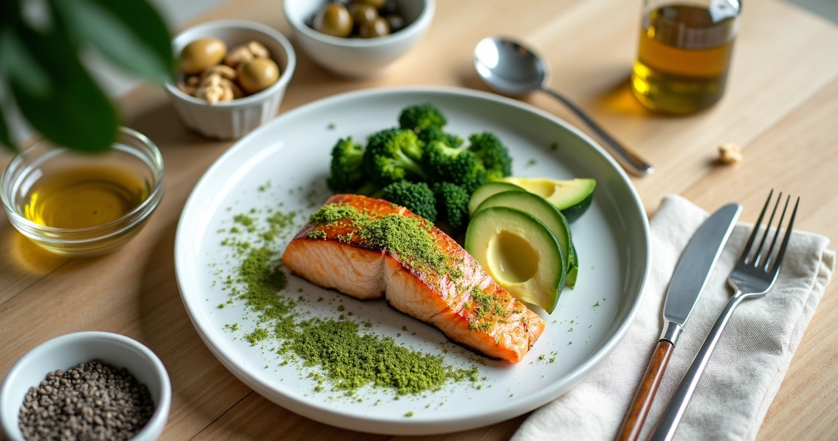 Prato cetogênico com folhas de moringa e gorduras saudáveis visto de cima 