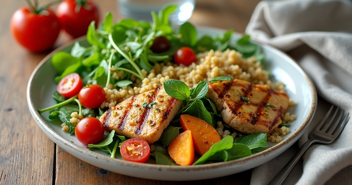 Prato colorido com legumes, grãos integrais e proteína