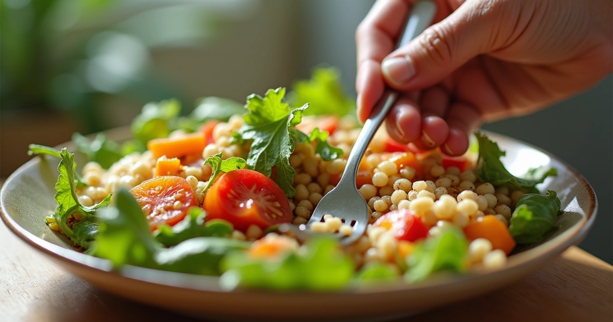 Pessoa prestes a comer observando atentamente prato colorido 